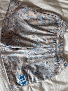 Baseball Lifestyle 101 Ivory shorts with light blue paisley baseball print